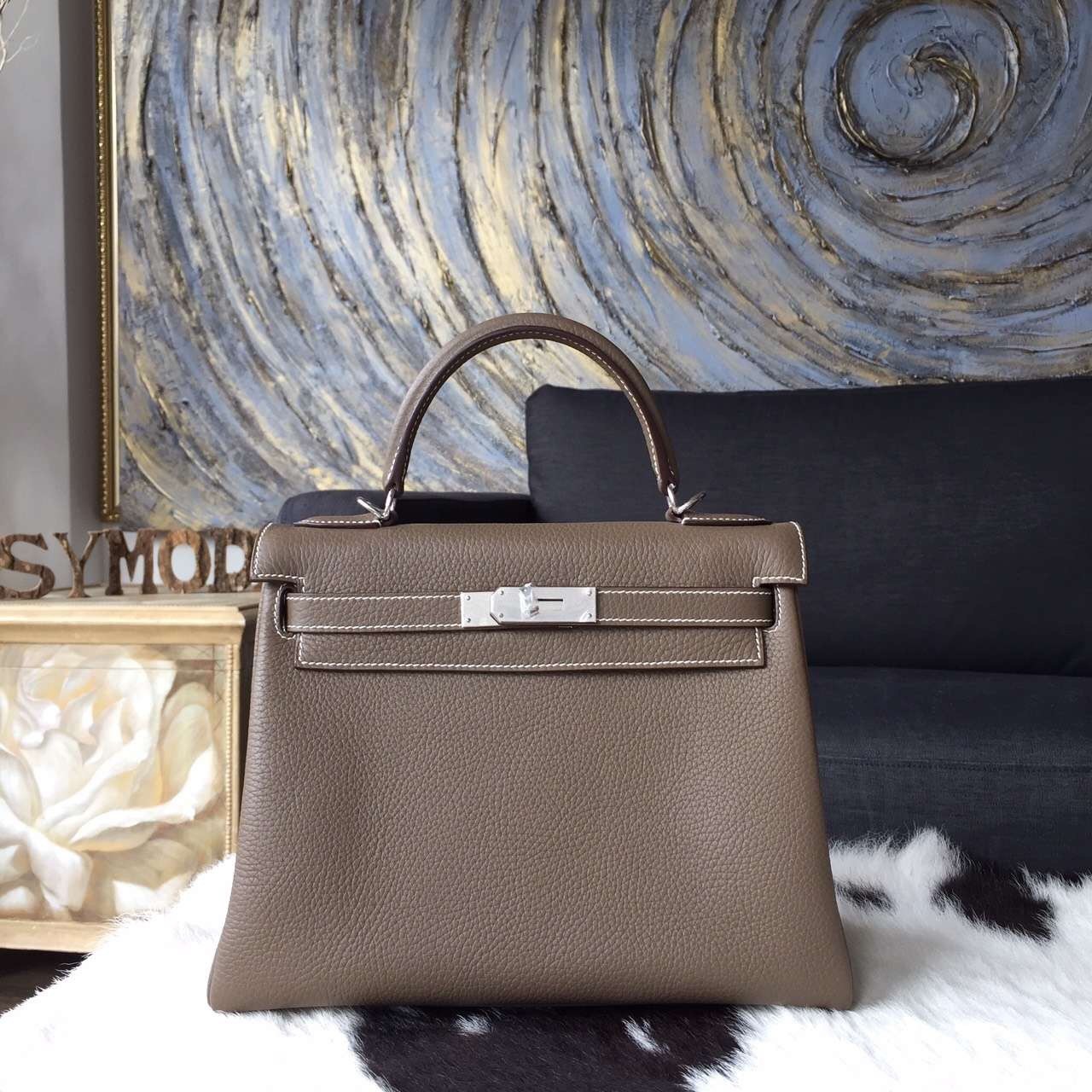 AAA Hermes Kelly 28cm Taurillon Clemence Original Leather Bag Handstitched Palladium Hardware, Etoupe CK18 RS00472