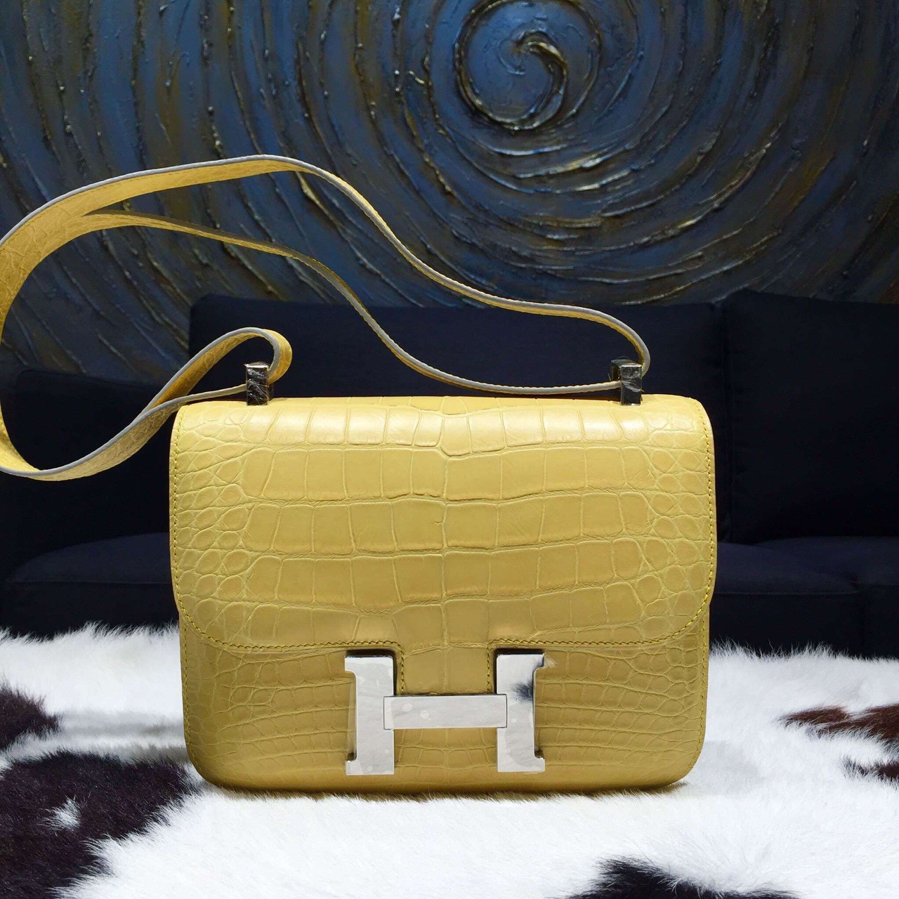 Copy Hermes Constance 23cm Matte Alligator Crocodile Original Leather Fully Handstitched Palladium Hardware, Mimosa M9 RS14262