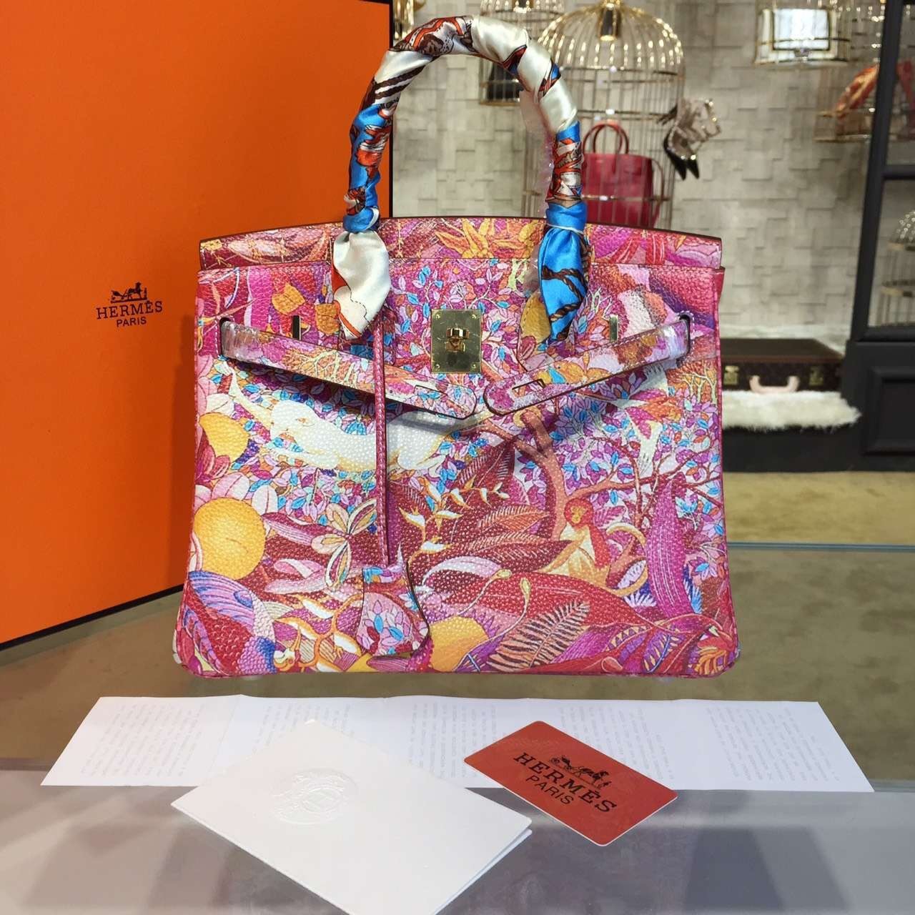 Customized Hand Painted Hermes Birkin 30cm Togo Calfskin Bag Handstitched Gold or Palladium Hardware, Botanical Garden Multicolor RS08474