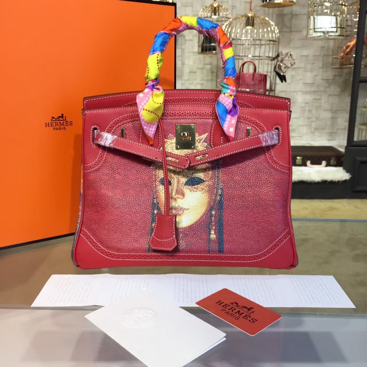 Customized Hand Painted Hermes Birkin 30cm Togo Calfskin Bag Handstitched Gold or Palladium Hardware, Burgundy Phantom Opera Multicolor RS01068