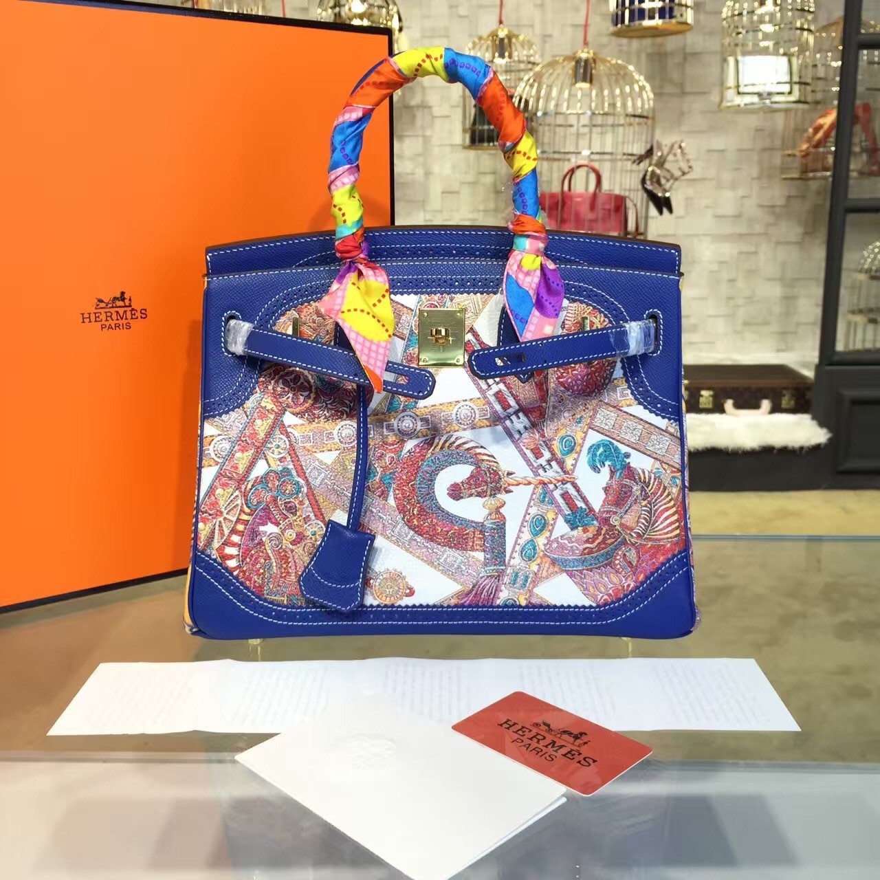 Customized Hand Painted Hermes Birkin 30cm Togo Calfskin Bag Handstitched Gold or Palladium Hardware, Electric Blue Horse Multicolor RS00793