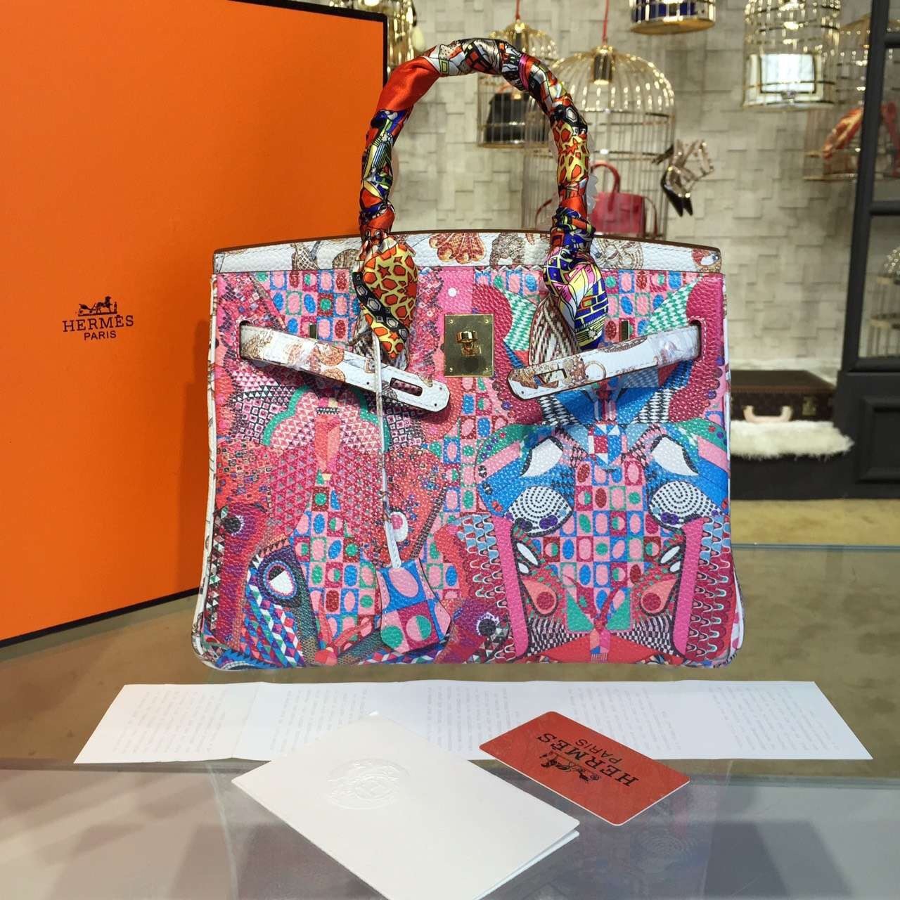 Customized Hand Painted Hermes Birkin 30cm Togo Calfskin Bag Handstitched Gold or Palladium Hardware, Flamingo Multicolor RS17734