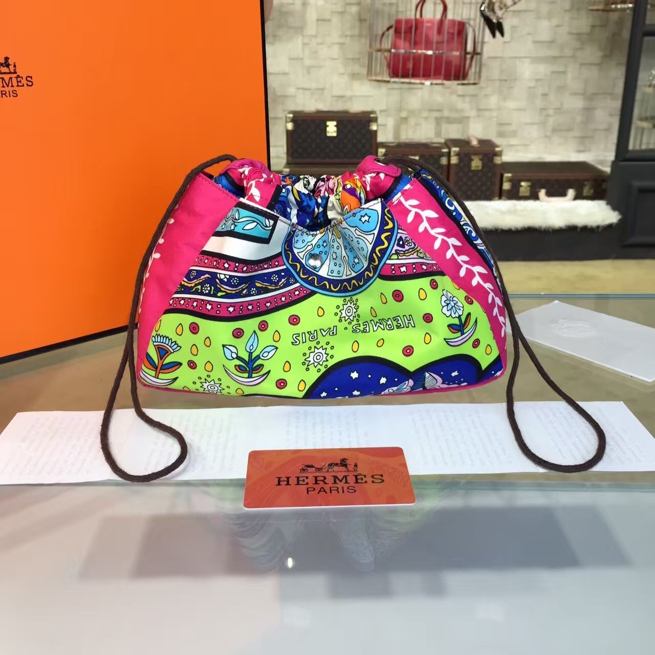 Fake Hermes Silk Fourbi Carre en Cravates GM Bag Insert with Rose Tyrien Leather Fall/Winter 2016 Collection, Green/Purple Multicolor RS15256