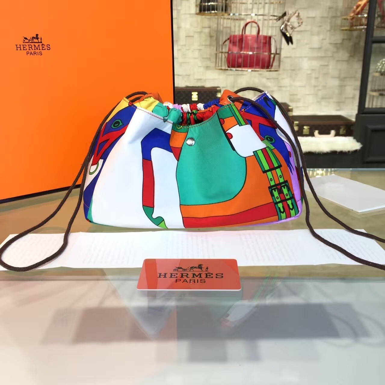 Fake Quality Hermes Silk Fourbi Carre en Cravates GM Bag Insert with Orange Leather Fall/Winter 2016 Collection, Green Abstract Multicolor RS13044