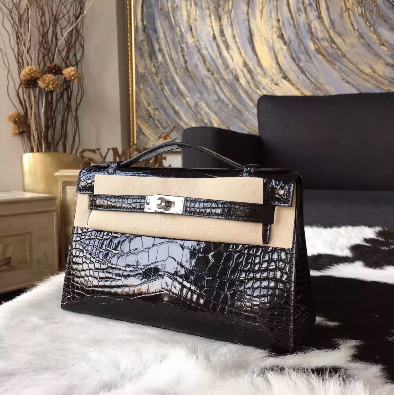 Hermes Mini Kelly KP Pochette 22cm Shiny Alligator Palladium Hardware Handstitched, Noir CK89 RS14977