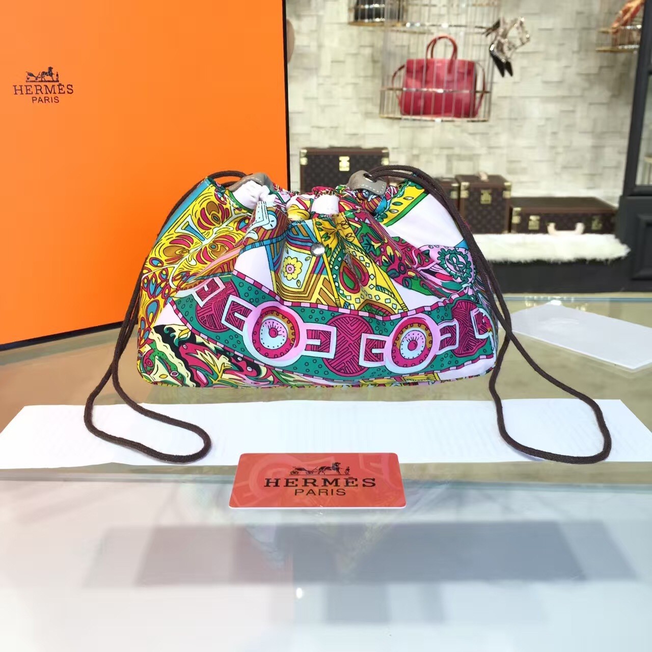 Hermes Silk Fourbi Carre en Cravates GM Bag Insert with Etoupe Leather Fall/Winter 2016 Collection, Green/Yellow Multicolor RS16660