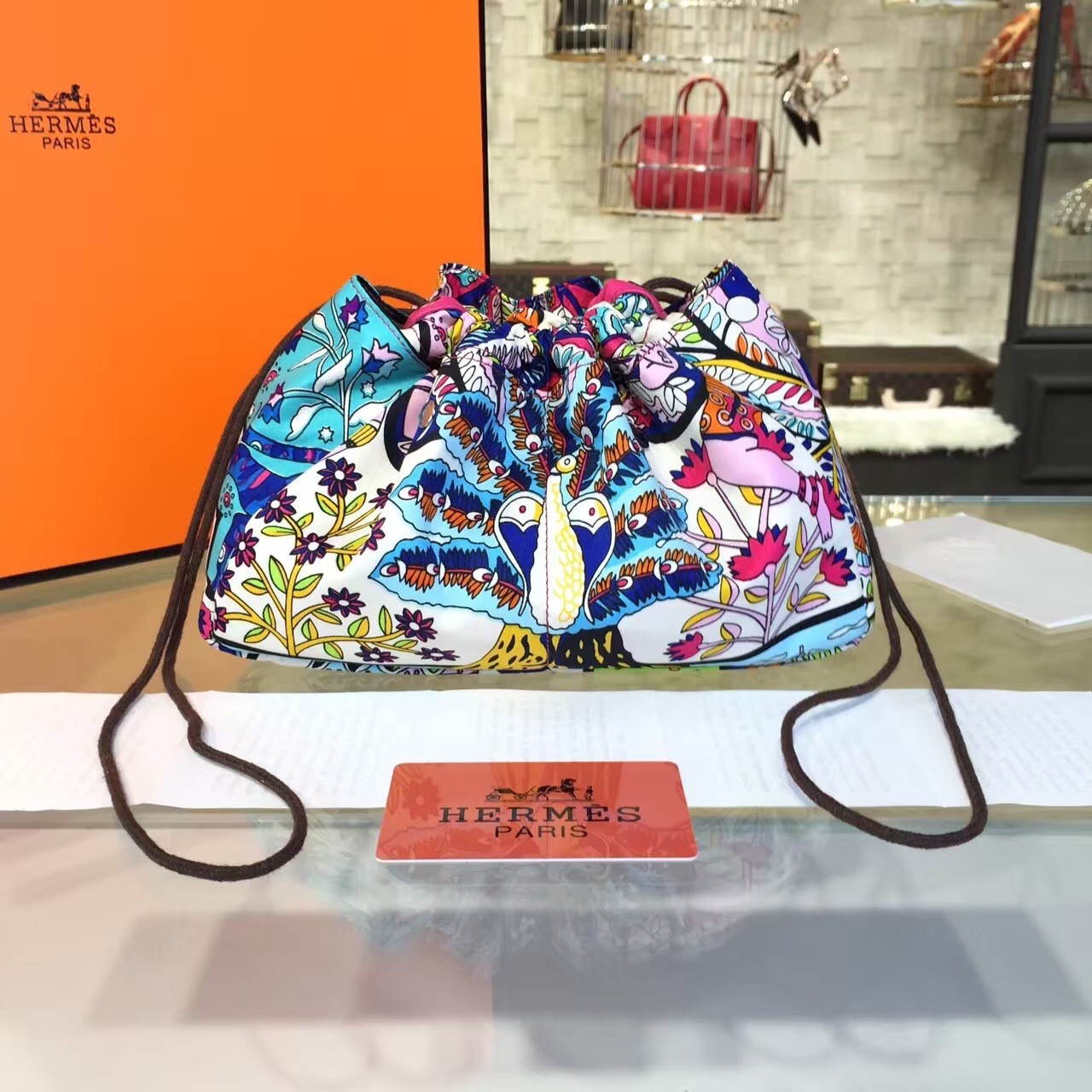 Hermes Silk Fourbi Carre en Cravates GM Bag Insert with Rose Tyrien Leather Fall/Winter 2016 Collection, Pink/Blue Multicolor RS18465