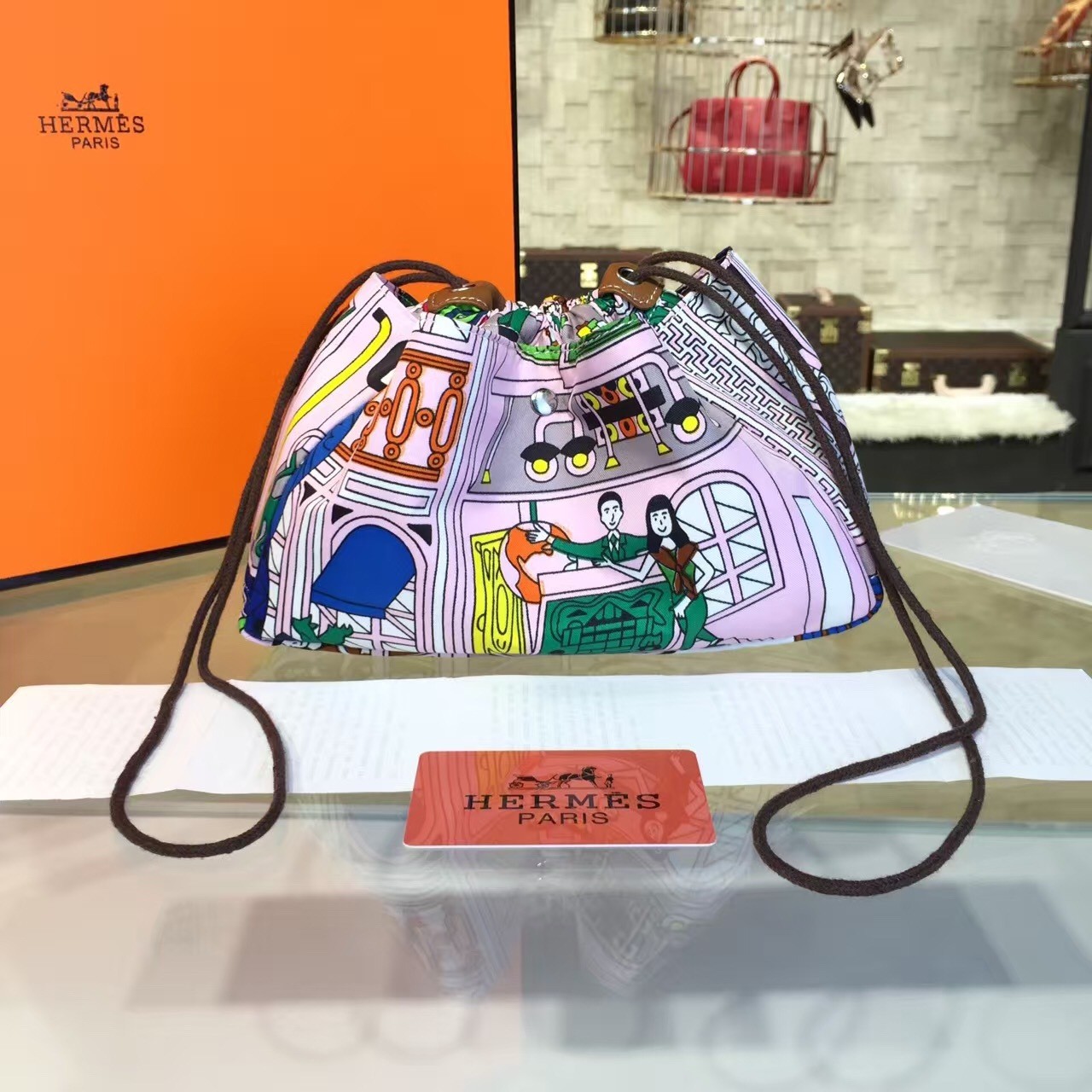 Imitation AAA Hermes Silk Fourbi Carre en Cravates GM Bag Insert with Gold Leather Fall/Winter 2016 Collection, Light Pink/White Multicolor RS11361