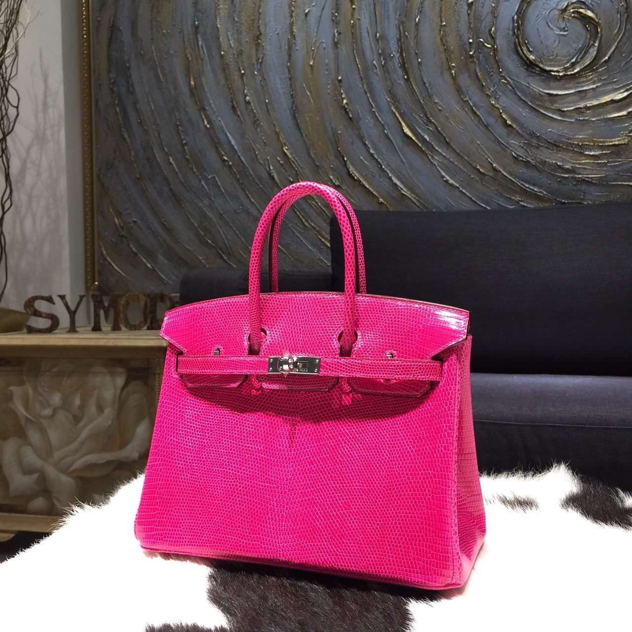 Imitation Hermes Birkin 25cm Lizard Skin Original Leather Bag Handstitched, Fuschia Pink 5J RS14925