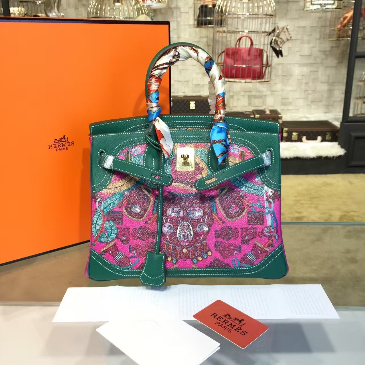 Knockoff AAAAA Customized Hand Painted Hermes Birkin 30cm Togo Calfskin Bag Handstitched Gold or Palladium Hardware, Malachite Green/Pink Horses Multicolor RS06383