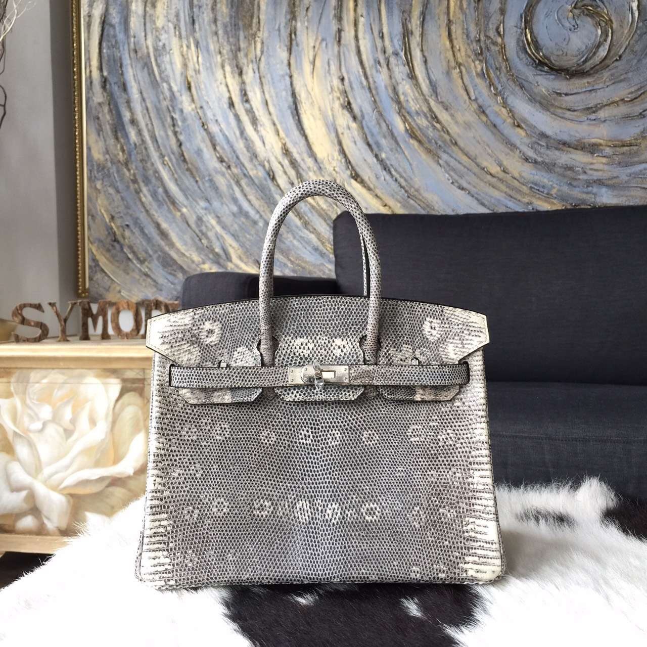 Knockoff Hermes Birkin 25cm Natural Lizard Skin Original Leather Bag Handstitched Palladium Hardware, Ombre/Shadow RS00477