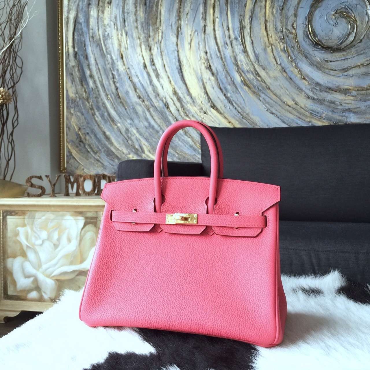 Knockoff Hermes Birkin 25cm Togo Calfskin Original Leather Bag Handstitched Palladium Hardware, Rose Lipstick U5 RS15716
