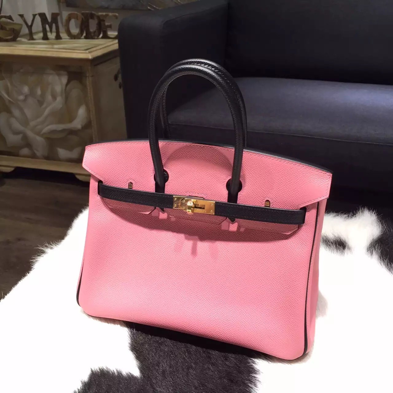 Knockoff Hermes Horseshoe Birkin 25cm Epsom Calfskin Bag Handstitched, Rose Confetti 1Q/Noir Black RS12833