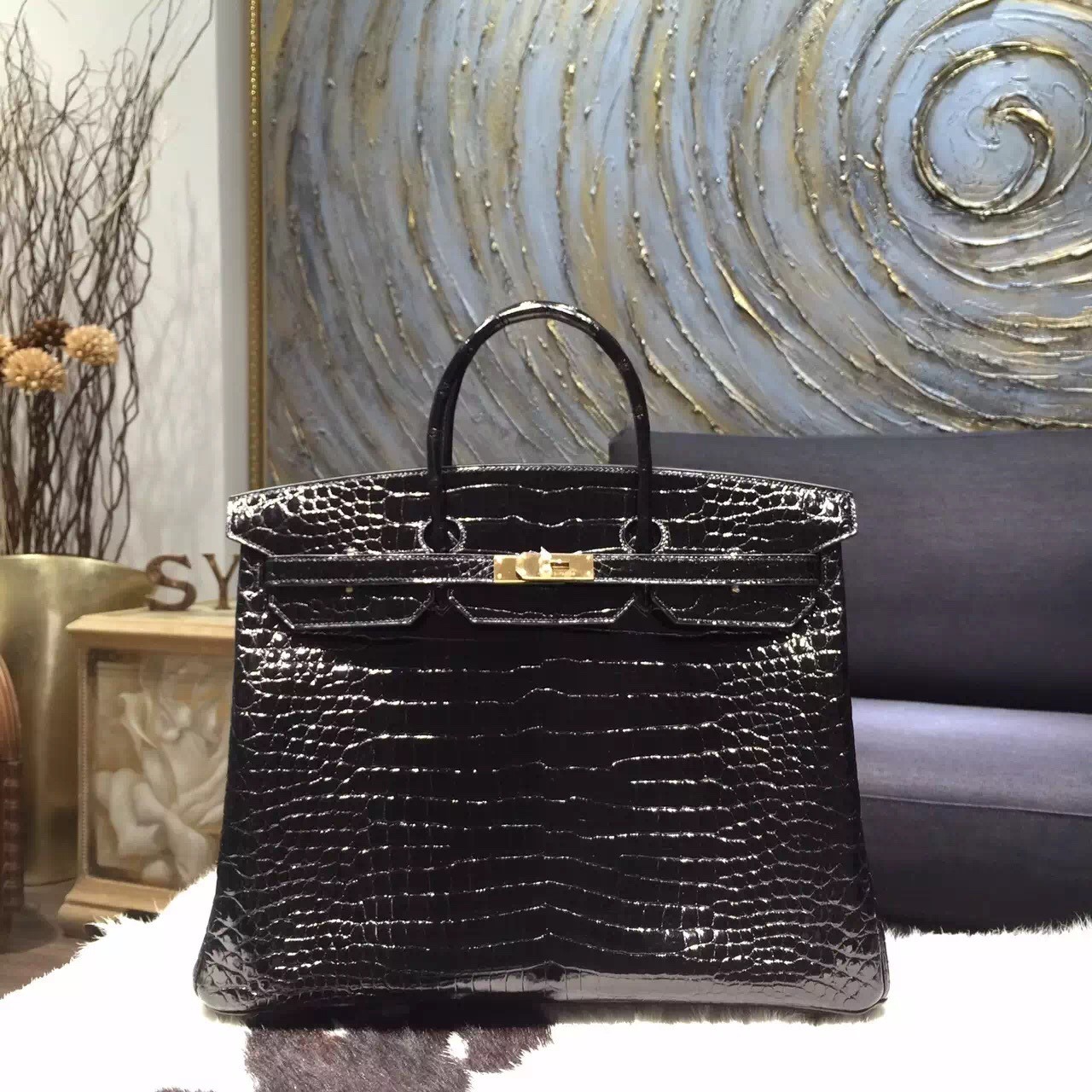 Knockoff Hermes Shiny Alligator Crocodile Birkin 40cm Gold Hardware Handstitched, Noir Black RS10582