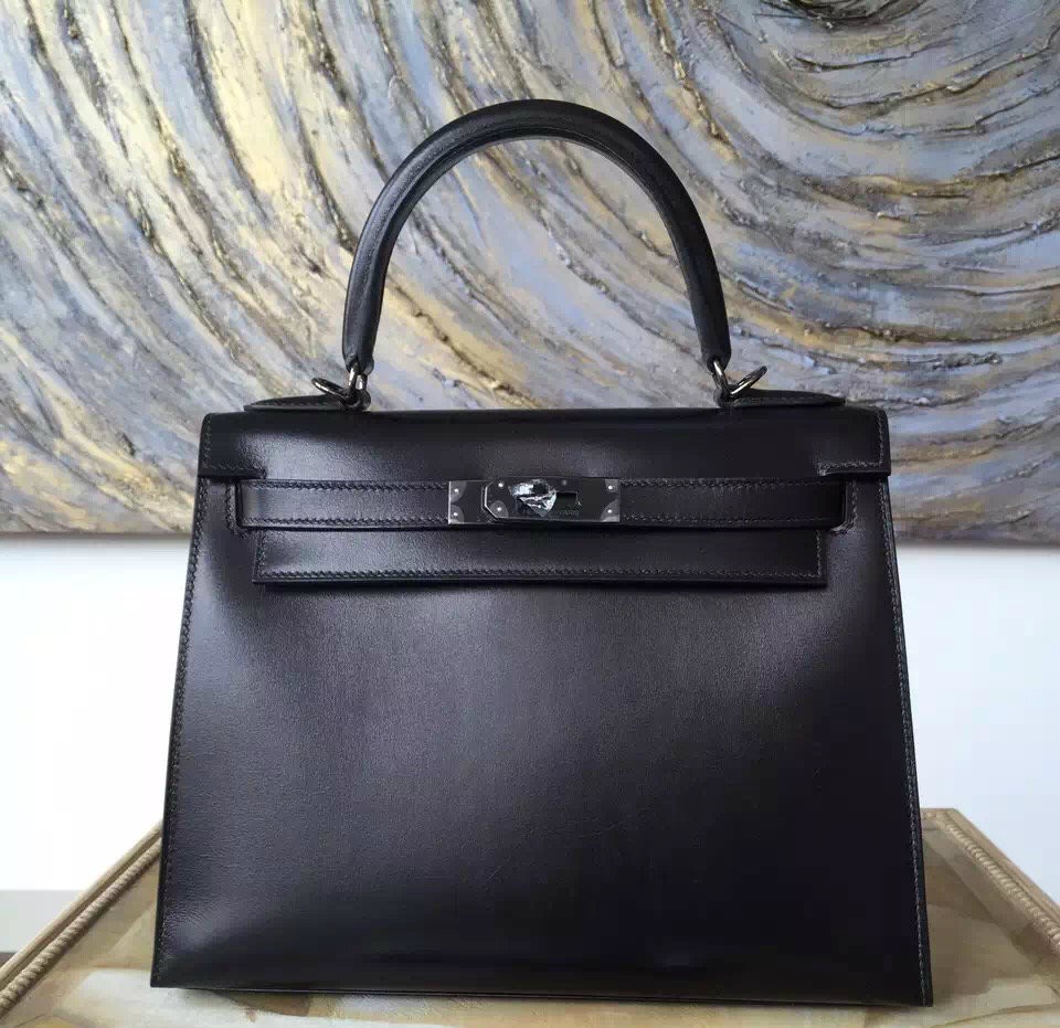 Limited Edition Hermes Kelly 28cm Box Calfskin Original Leather Bag Handstitched, SO BLACK RS09188