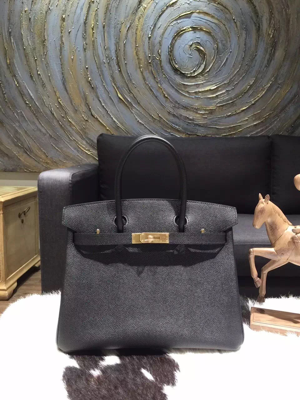 Luxury Hermes Birkin 30cm Epsom Calfskin Original Leather Bag Handstitched Gold Hardware, Noir RS13394