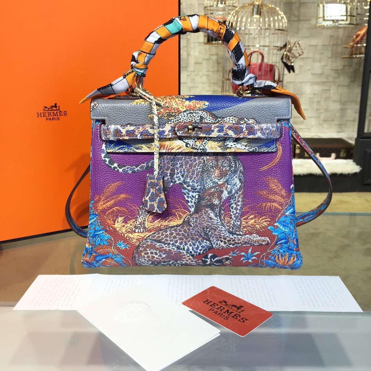 Luxury Imitation Customized Hand Painted Hermes Kelly 32cm Togo Calfskin Bag Handstitched Gold or Palladium Hardware, Cheetah Midnight Blue Multicolor RS21479