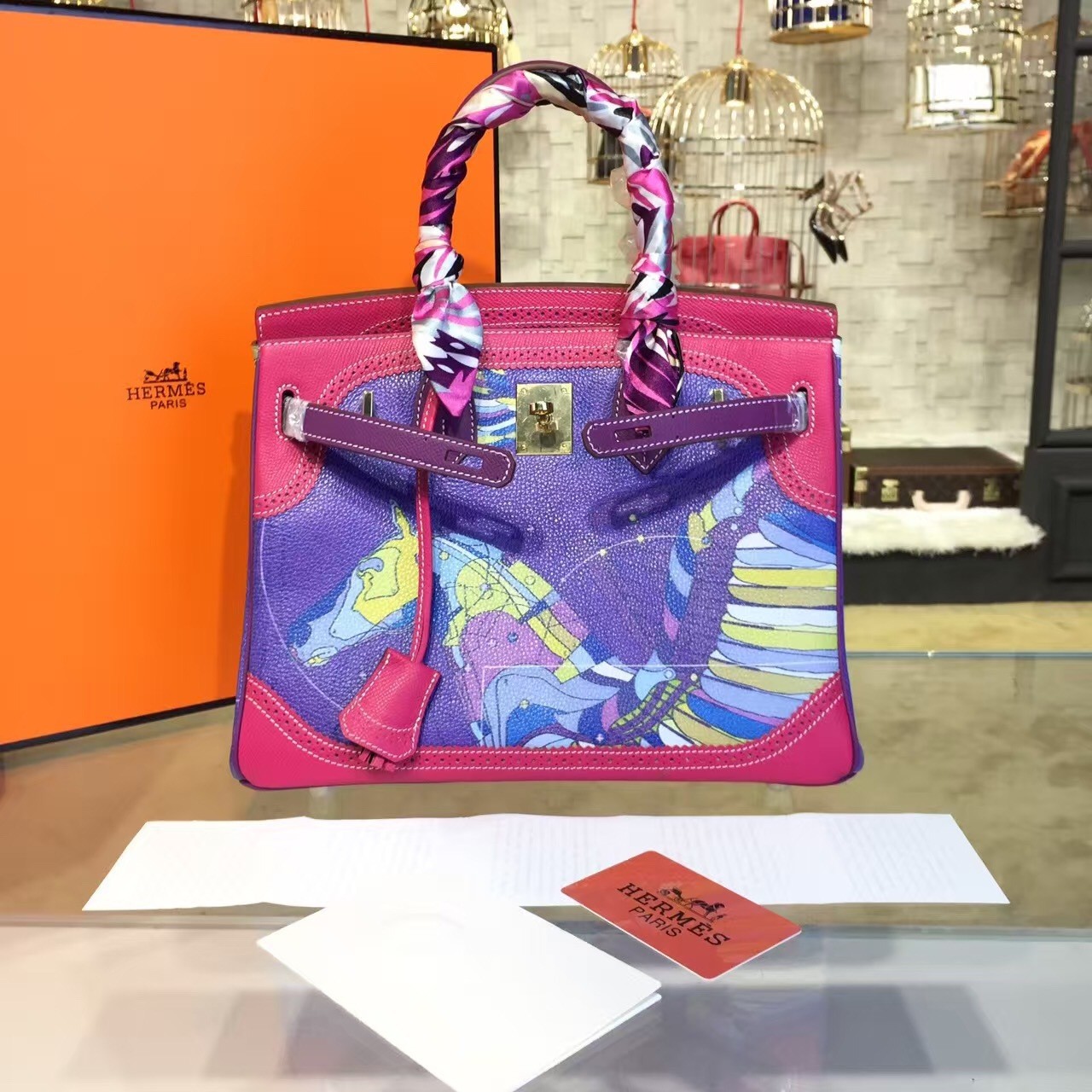 Sale 1:1 Customized Hand Painted Hermes Birkin 30cm Togo Calfskin Bag Handstitched Gold or Palladium Hardware,Purple/Pink Horse Multicolor RS11847