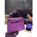 AAA Fake Hermes Kelly 25cm Ostrich Palladium Hardware Hand Stitched, Violet 5C RS13998