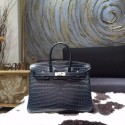 AAA Hermes Birkin 25cm Matte Crocodile Skin Bag Handstitched Palladium Hardware, Blue Indigo CK76 RS03510
