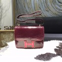Customized Hermes Mini Constance 18cm Shiny Alligator Crocodile Original Leather Fully Handstitched Lizard Marquette, Bourgogne F5/Rouge Moyen RS20183