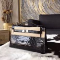 Hermes Mini Kelly KP Pochette 22cm Shiny Alligator Palladium Hardware Handstitched, Noir CK89 RS14977