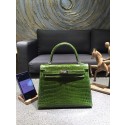 Hermes Shiny Alligator Crocodile Kelly 25cm Sellier Rigide Gold Hardware Handstitched, Pelouse 6G RS19486
