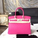 Knockoff Hermes Autruche Ostrich Birkin 30cm Bag Handstitched Gold Hardware Handstitched, Fuschia Pink 5J RS11134