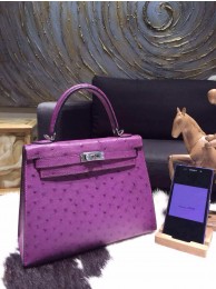 AAA Fake Hermes Kelly 25cm Ostrich Palladium Hardware Hand Stitched, Violet 5C RS13998