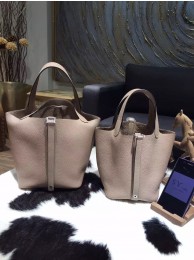 AAA Replica Hermes Picotin Lock Bag 18cm/22cm Taurillon Clemence Palladium Hardware Handstitched, Gris Tourterelle CK81 RS14060