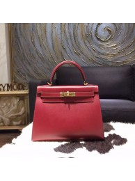Best Hermes Kelly 28cm Box Calfskin Original Leather Bag Handstitched Gold Hardware, Rouge H CK55 RS08609