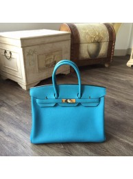 Cheap Hermes Birkin 35cm Togo Calfskin Leather Bag Gold Hardware Handstitched, Turquoise Blue 7B RS20035