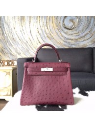 Copy Best Hermes Autruche Ostrich Kelly 28cm Souple Retourne Bag Handstitched Palladium Hardware, Bordeaux CK57 RS12478