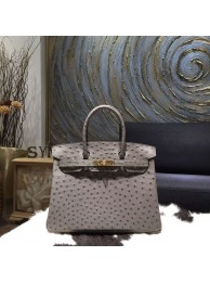 Copy Fashion Hermes Autruche Ostrich Birkin 30cm Bag Handstitched Gold Hardware Handstitched, Mousse Gray CK19 RS12388
