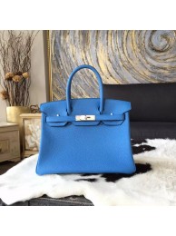 Copy Fashion Hermes Birkin 30cm Taurillon Clemence Bag Handstitched Palladium Hardware, Blue Paradise 2T RS16224