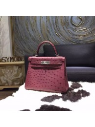 Copy Hermes Autruche Ostrich Kelly 28cm Souple Retourne Bag Handstitched Palladium Hardware , Bordeaux CK57 RS15641