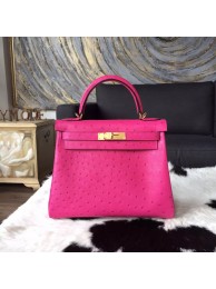 Copy Hermes Autruche Ostrich Souple Retourne Kelly 32cm Bag Handstitched Gold Hardware, Fuschia Pink 5J RS21552