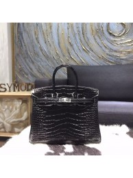 Copy Hermes Birkin 25cm Shiny Alligator Crocodile Palladium Hardware Handstitched, Noir RS20561