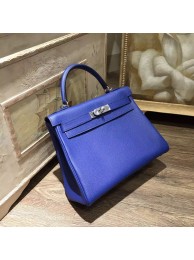 Copy Hermes Kelly 28cm Taurillon Clemence Bag Handstitched Palladium/Gold Hardware, Mykonos 7Q RS13375