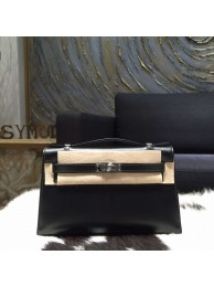 Copy Hermes Mini Kelly Pochette 22cm Box Calfskin Palladium Hardware, Noir Black RS16626