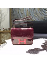 Customized Hermes Mini Constance 18cm Shiny Alligator Crocodile Original Leather Fully Handstitched Lizard Marquette, Bourgogne F5/Rouge Moyen RS20183