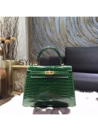 Designer VIP Hermes Shiny Alligator Crocodile Kelly 28cm Sellier Rigide Bag Gold Hardware Handstitched, Vert Fonce CK67 RS08257