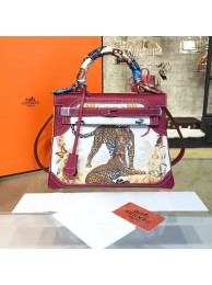 Fake Customized Hand Painted Hermes Kelly 32cm Togo Calfskin Bag Handstitched Gold or Palladium Hardware, Cheetah Burgundy Multicolor RS11539