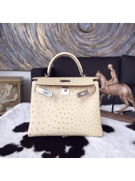 Fake Hermes Autruche Ostrich Kelly 28cm Bag Handstitched Palladium Hardware, Parchemin 3C RS11421