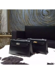 Fake Hermes Mini Kelly Pochette 22cm Box Calfskin Leather Handstitched, Noir Black RS15877