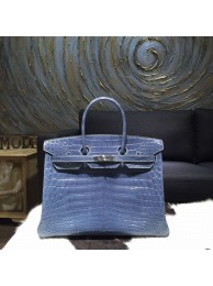 Fake Hermes Shiny Alligator Birkin 35cm Bag Hand Stitched Palladium Hardware, Blue Tempete N7 RS01834