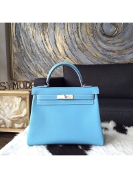 Fashion Hermes Kelly 28cm Epsom Calfskin Original Leather Bag Handstitched Palladium Hardware, Celeste 7N/Mykonos 7Q Interior RS17973