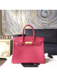 Hermes Autruche Ostrich Birkin 30cm Bag Handstitched Gold Hardware, Rouge H CK55 RS06687
