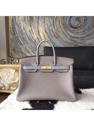 Hermes Bi-Color Birkin 30cm Taurillon Clemence Calfskin Bag Handstitched Gold Hardware, Bleu Lin Etain Grey RS19135
