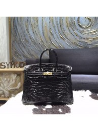 Hermes Birkin 25cm Shiny Alligator Crocodile Gold Hardware Handstitched, Noir RS09301